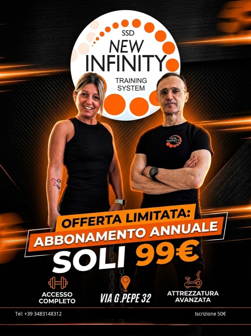 Promo Annuale SSD New Infinity: abbonamento annuale a 99€ con iscrizione 50€, accesso completo in Via G. Pepe 32 Manduria