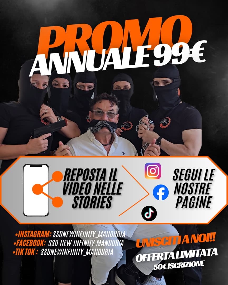 Promo Annuale 99€ New Infinity: reposta il video nelle stories, segui i social e unisciti con iscrizione 50€